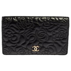 Chanel Black Quilted Leather CC Camellia 5 Flap Wallet