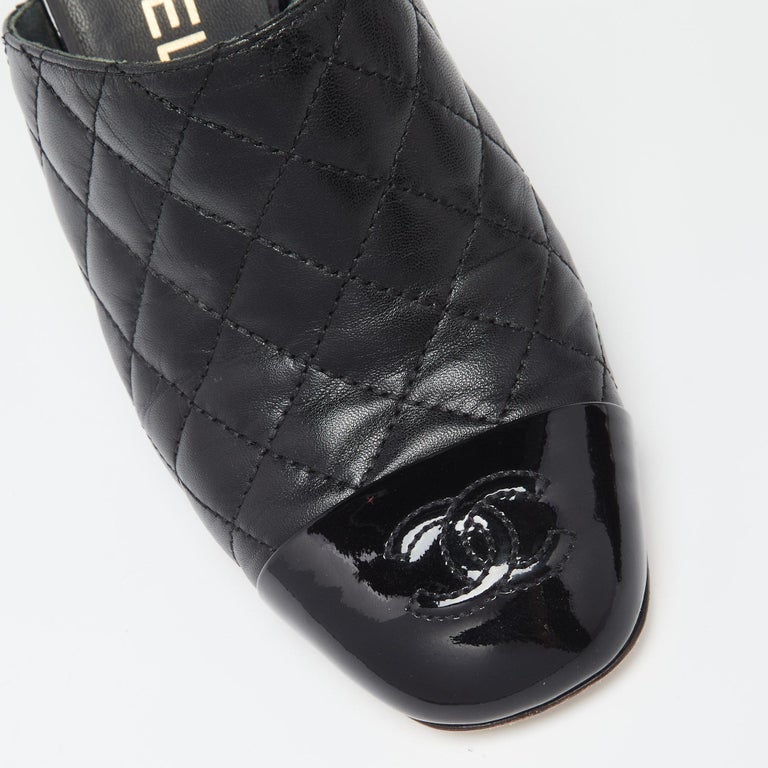 Chanel Black Quilted Leather CC Cap Toe Mules Size 36.5 at 1stDibs
