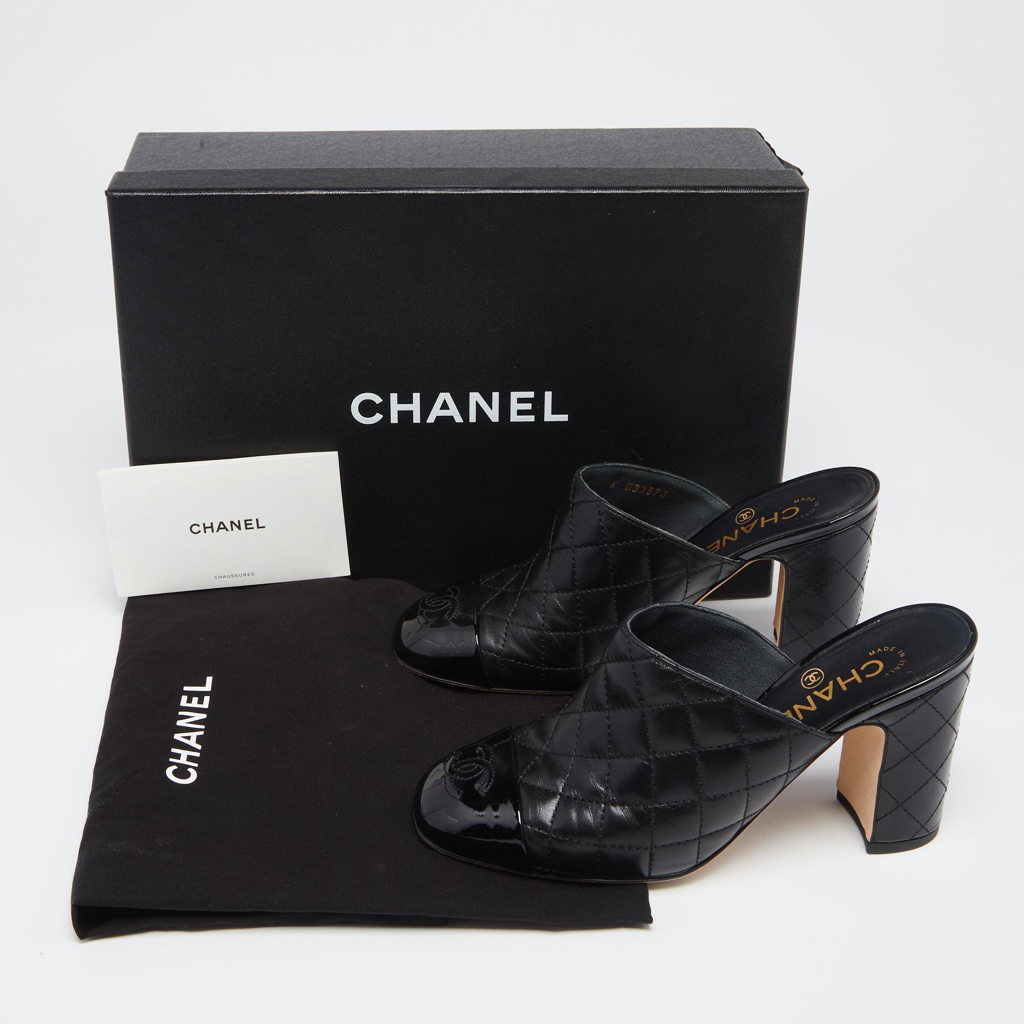 Chanel Black Quilted Leather CC Cap Toe Mules Size 36.5 3