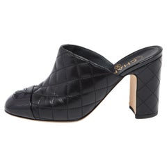Chanel Black Quilted Leather CC Cap Toe Mules Size 36.5