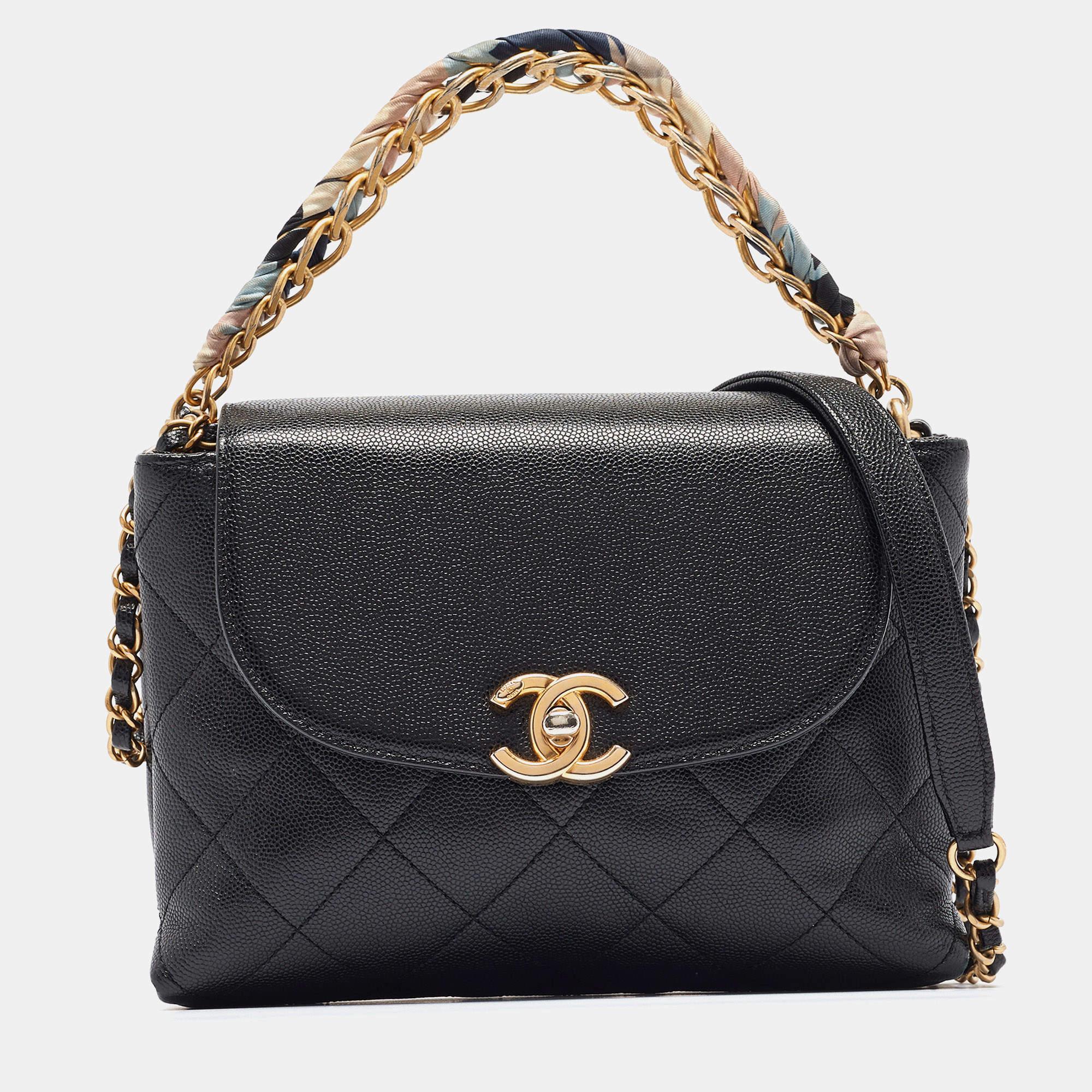 Chanel Black Quilted Leather CC Chain Scarf Top Handle Bag For Sale 7