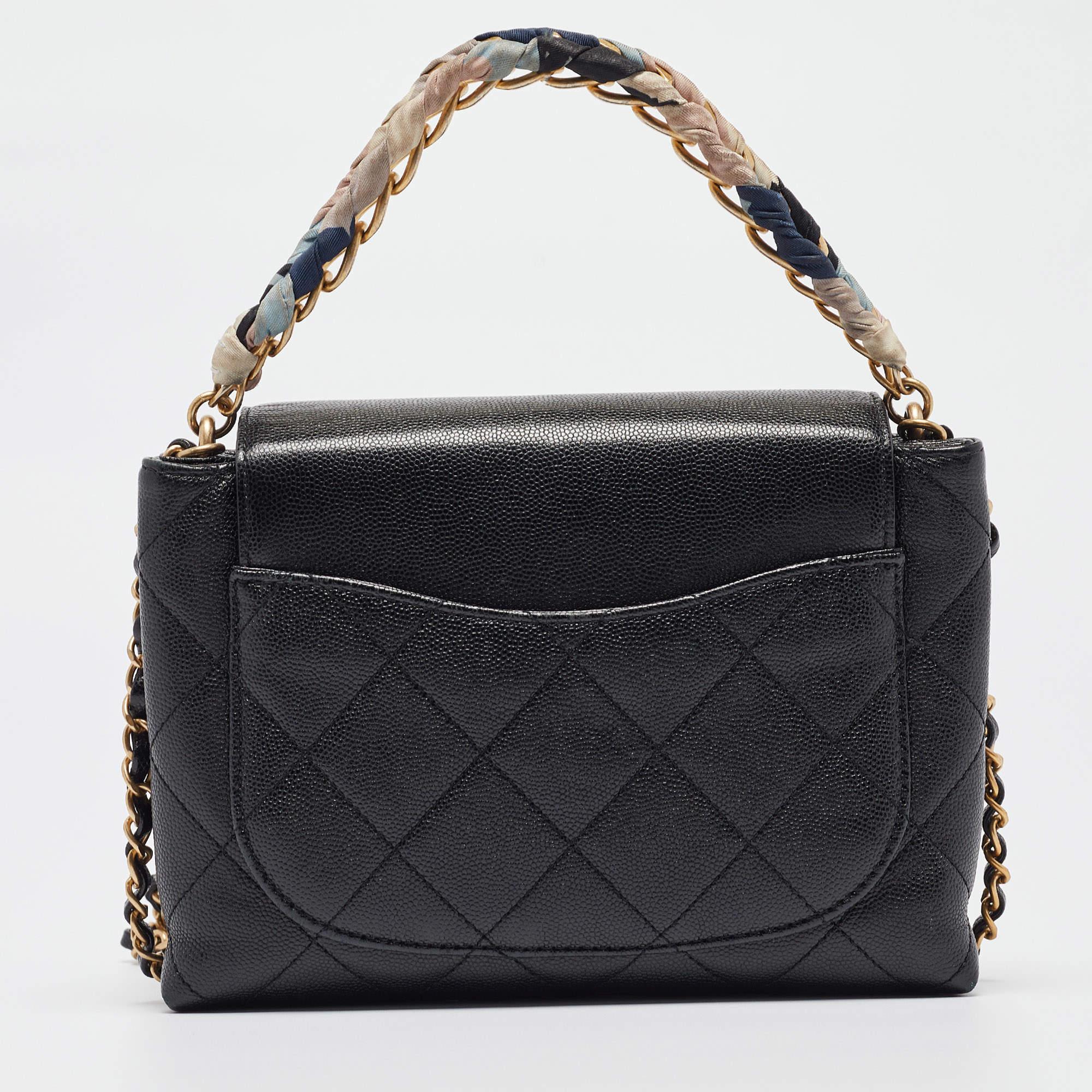 Chanel Black Quilted Leather CC Chain Scarf Top Handle Bag For Sale 8
