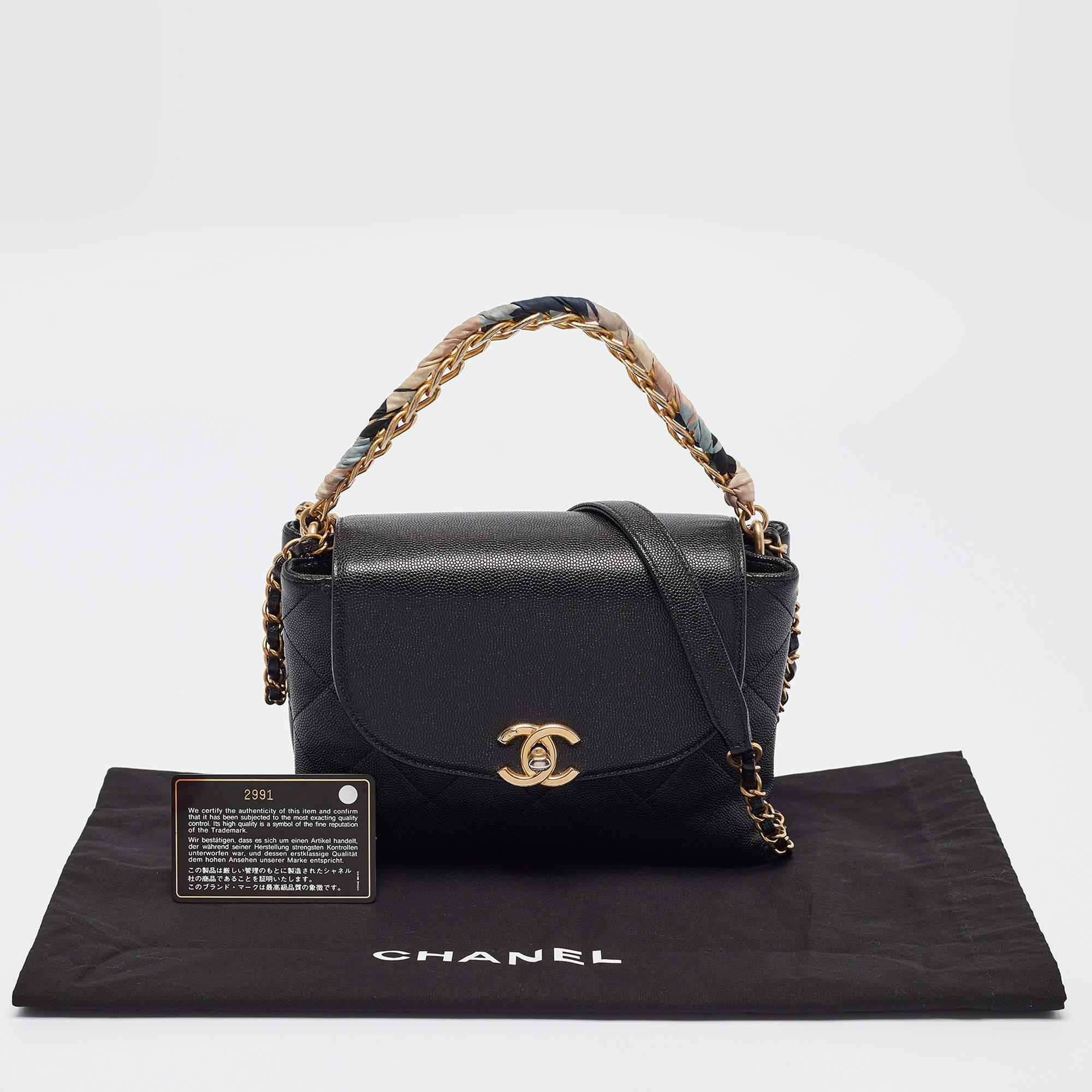 Chanel Black Quilted Leather CC Chain Scarf Top Handle Bag For Sale 11