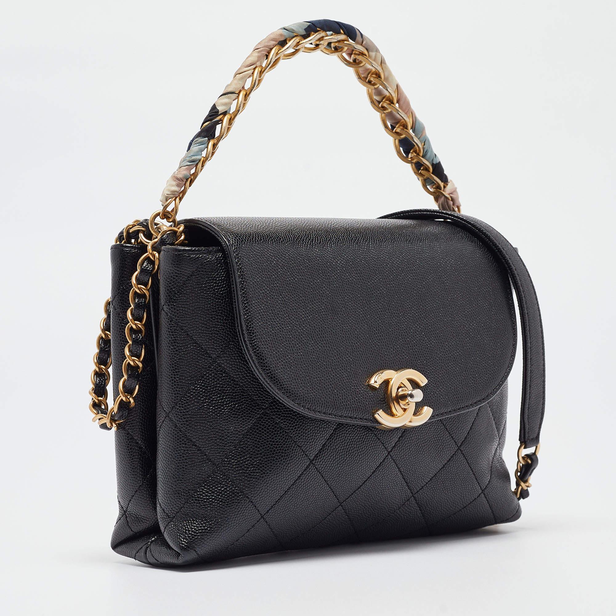 Chanel Black Quilted Leather CC Chain Scarf Top Handle Bag In Good Condition For Sale In Dubai, Al Qouz 2