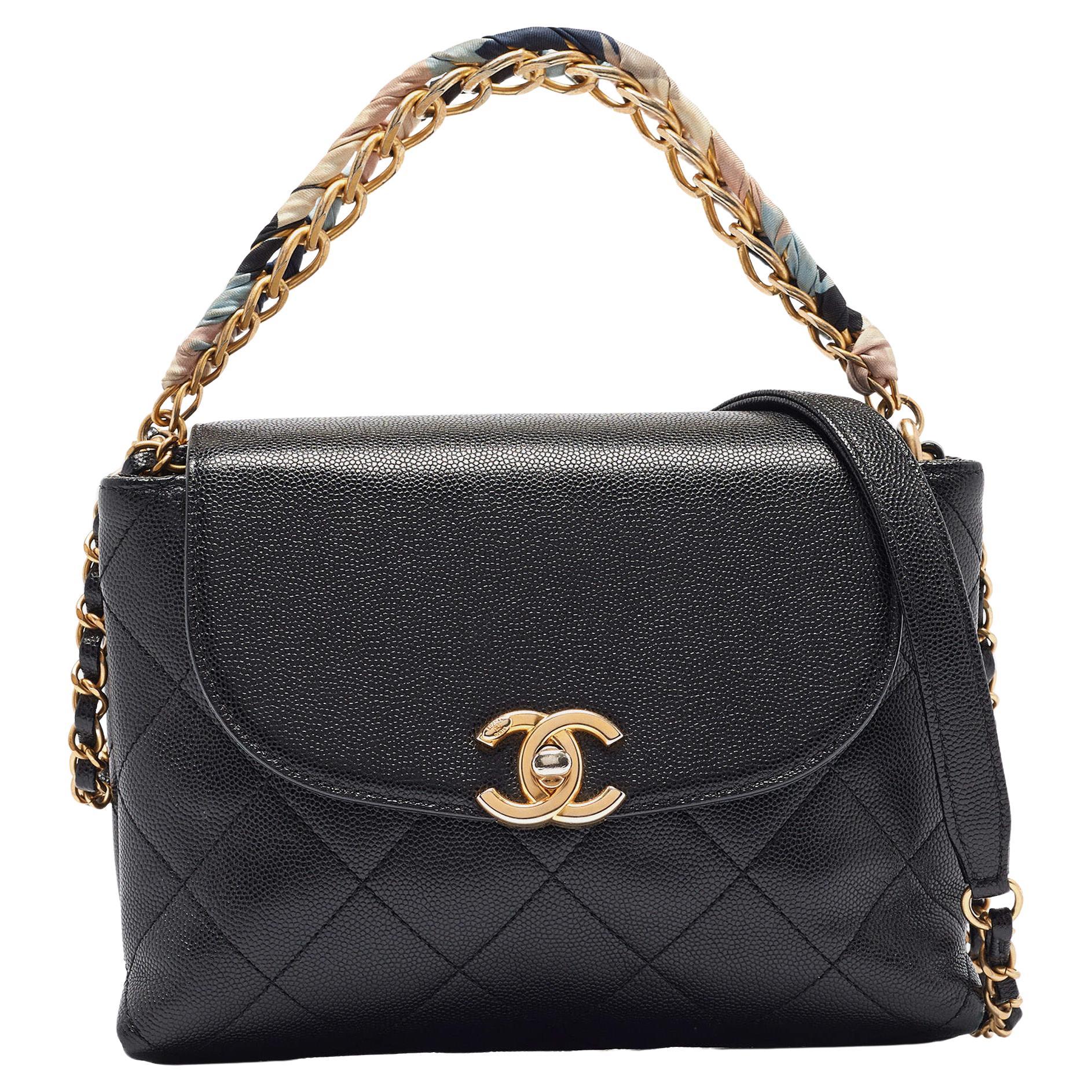 Chanel Black Quilted Leather CC Chain Scarf Top Handle Bag For Sale