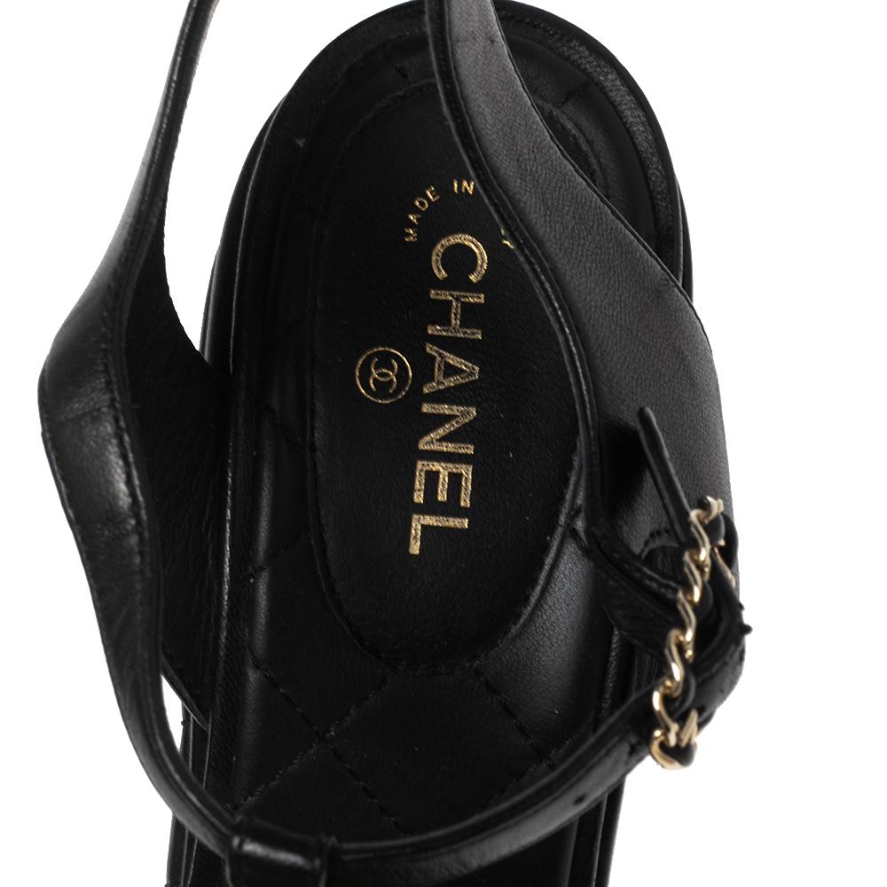 Chanel Black Quilted Leather CC Chain Wedge Platform Sandals Size 39 1