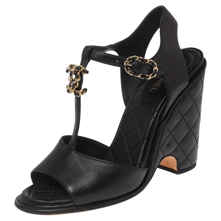Chanel Black Quilted Leather CC Chain Wedge Platform Sandals Size 39 at  1stDibs