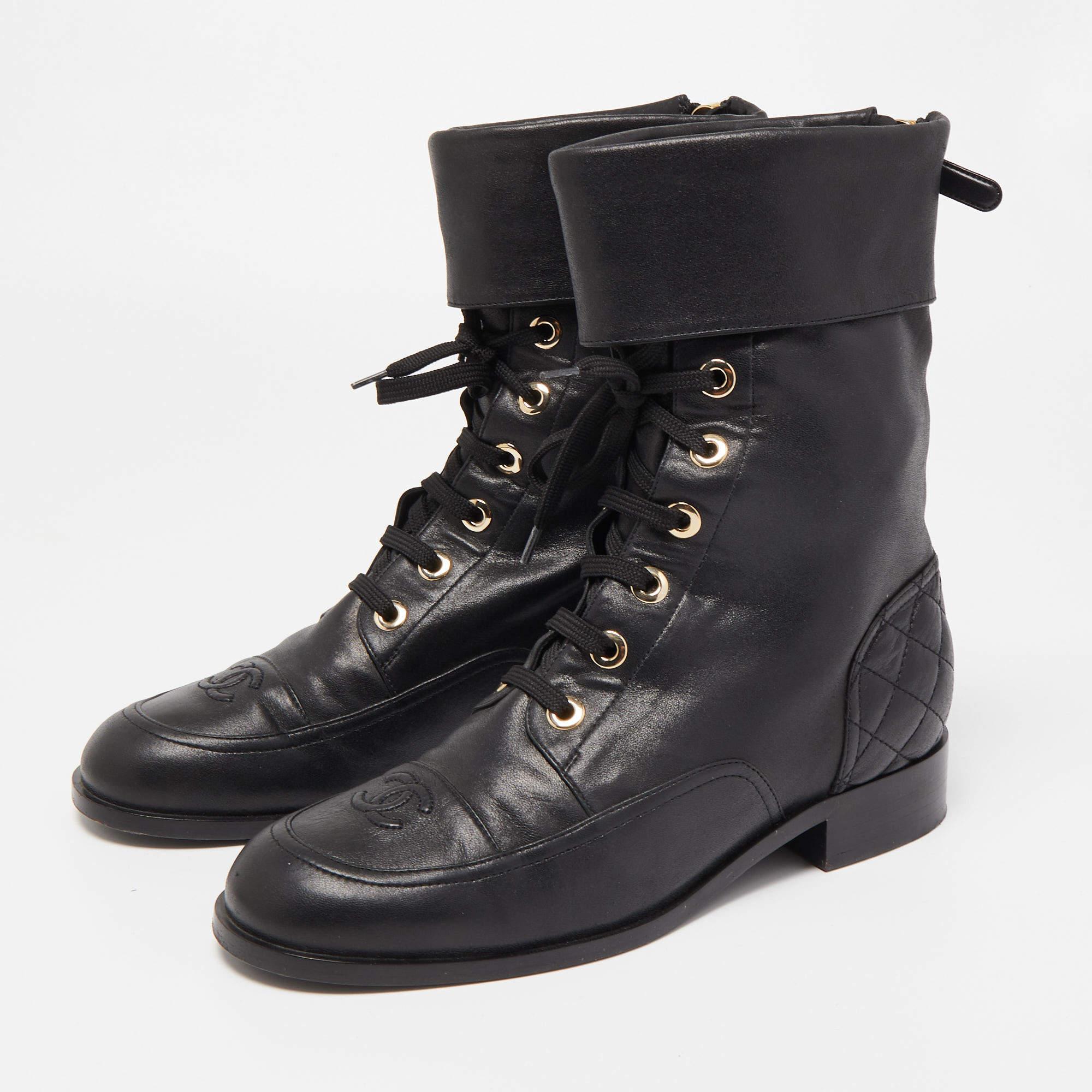 Chanel Black Quilted Leather CC Combat Boots  2