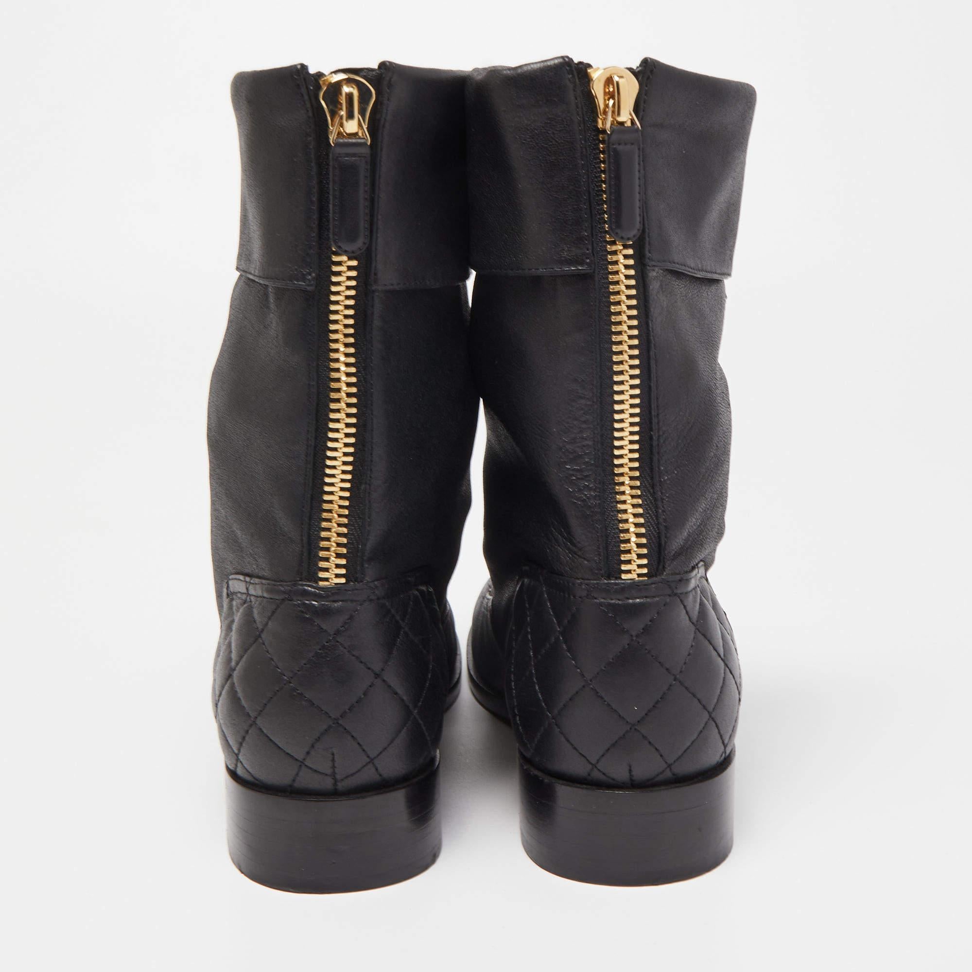 Chanel Black Quilted Leather CC Combat Boots  3