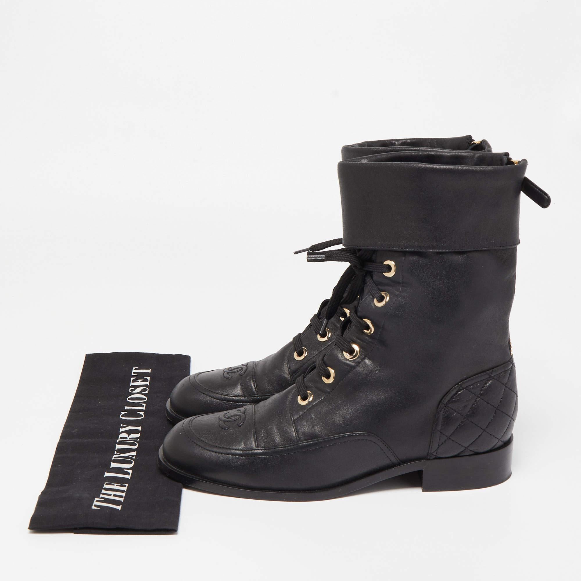 Chanel Black Quilted Leather CC Combat Boots  6