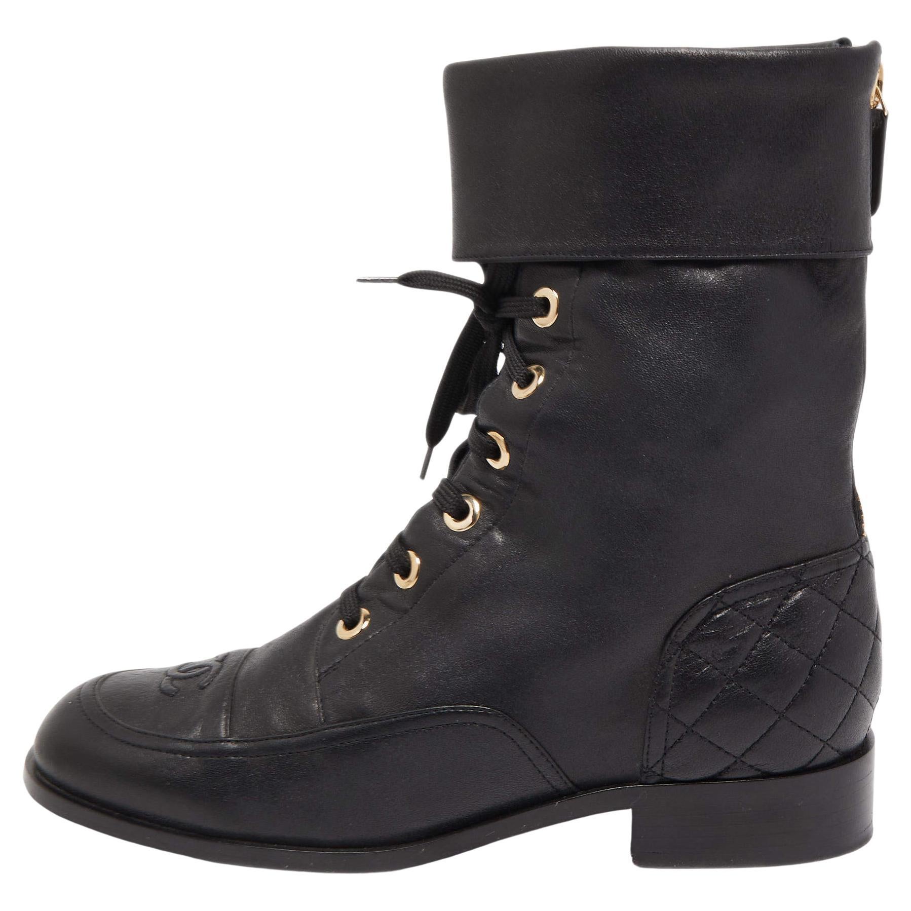 Chanel Black Quilted Leather CC Combat Boots 