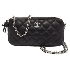 Chanel Black Quilted Leather CC Double Zip Clutch Chain Bag