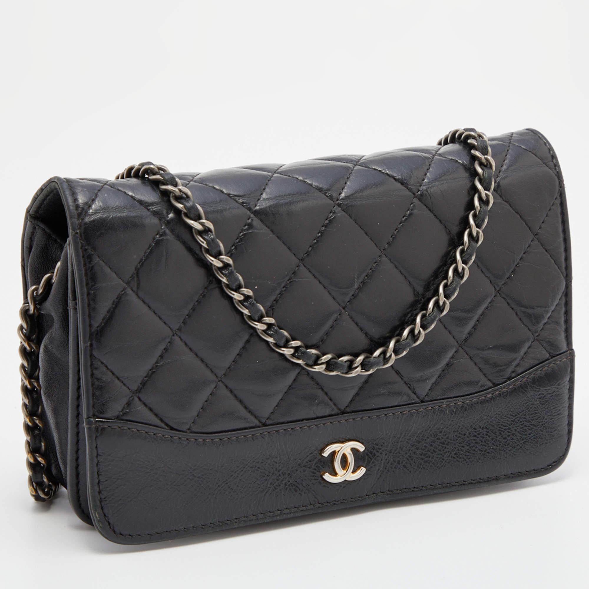 Women's Chanel Black Quilted Leather CC Gabrielle Wallet On Chain