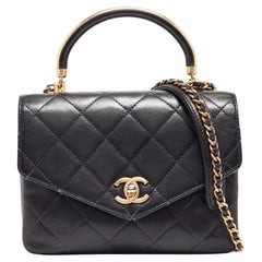 Chanel Black Quilted Leather CC Gold Top Handle Bag