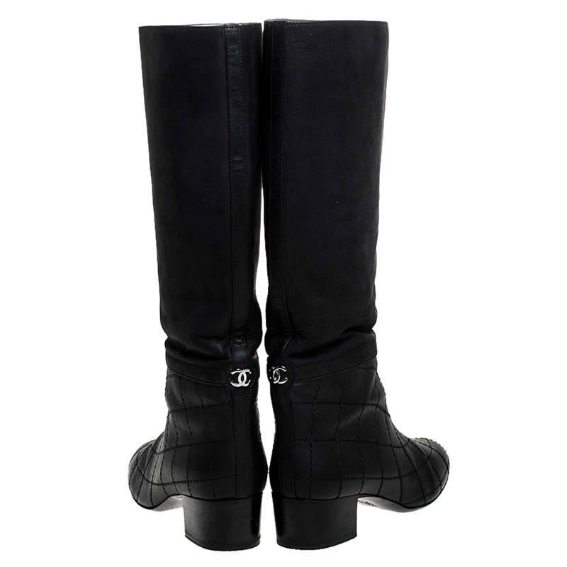 Chanel Black Quilted Leather CC Knee Length Boots Size 38 1