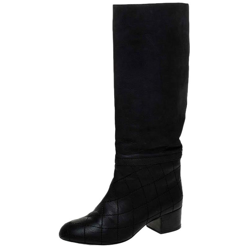 Chanel Black Quilted Leather CC Knee Length Boots Size 38