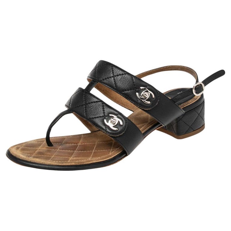 Chanel Black Quilted Leather CC Logo Slingback Sandals Size 36 at