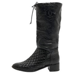 Used Chanel Black Quilted Leather CC Mid Calf Boots Size 39