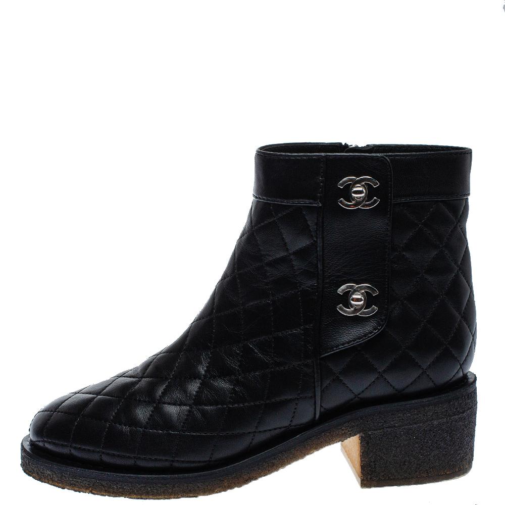 Chanel Black Quilted Leather CC Turnlock Ankle Boots Size 36 1