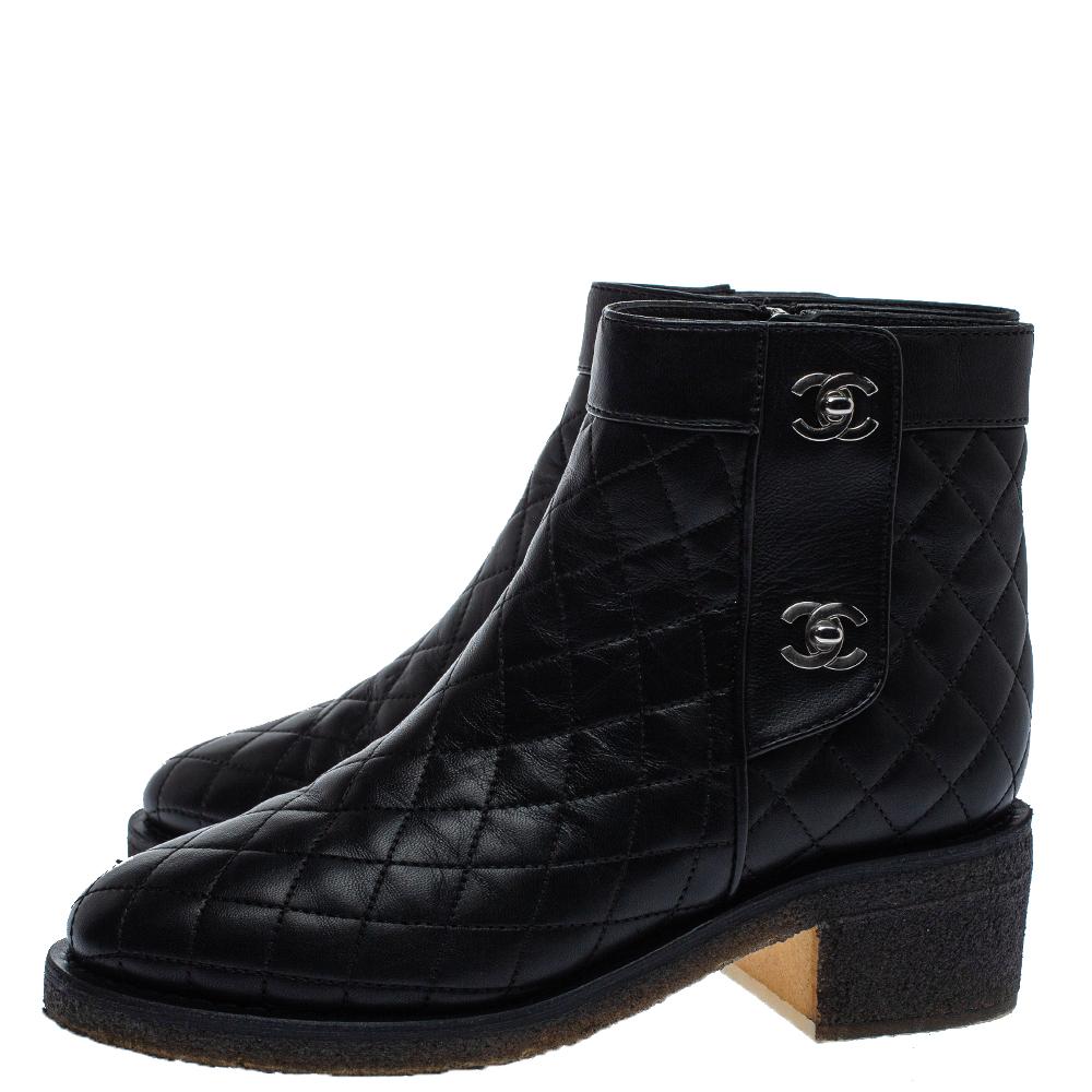 Women's Chanel Black Quilted Leather CC Turnlock Ankle Boots Size 36