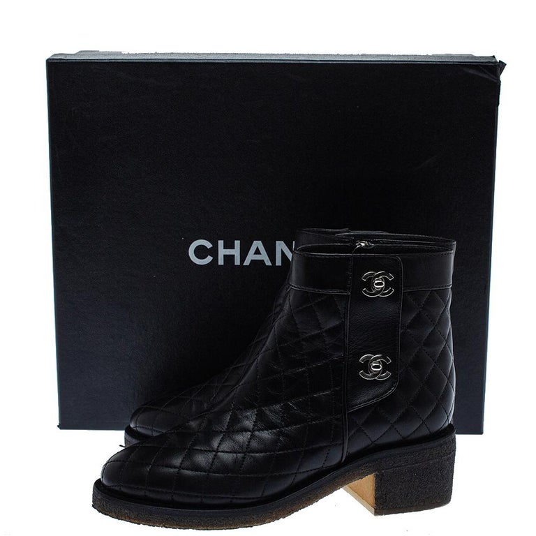 Chanel Black Quilted Leather CC Turnlock Ankle Boots Size 36 at 1stDibs