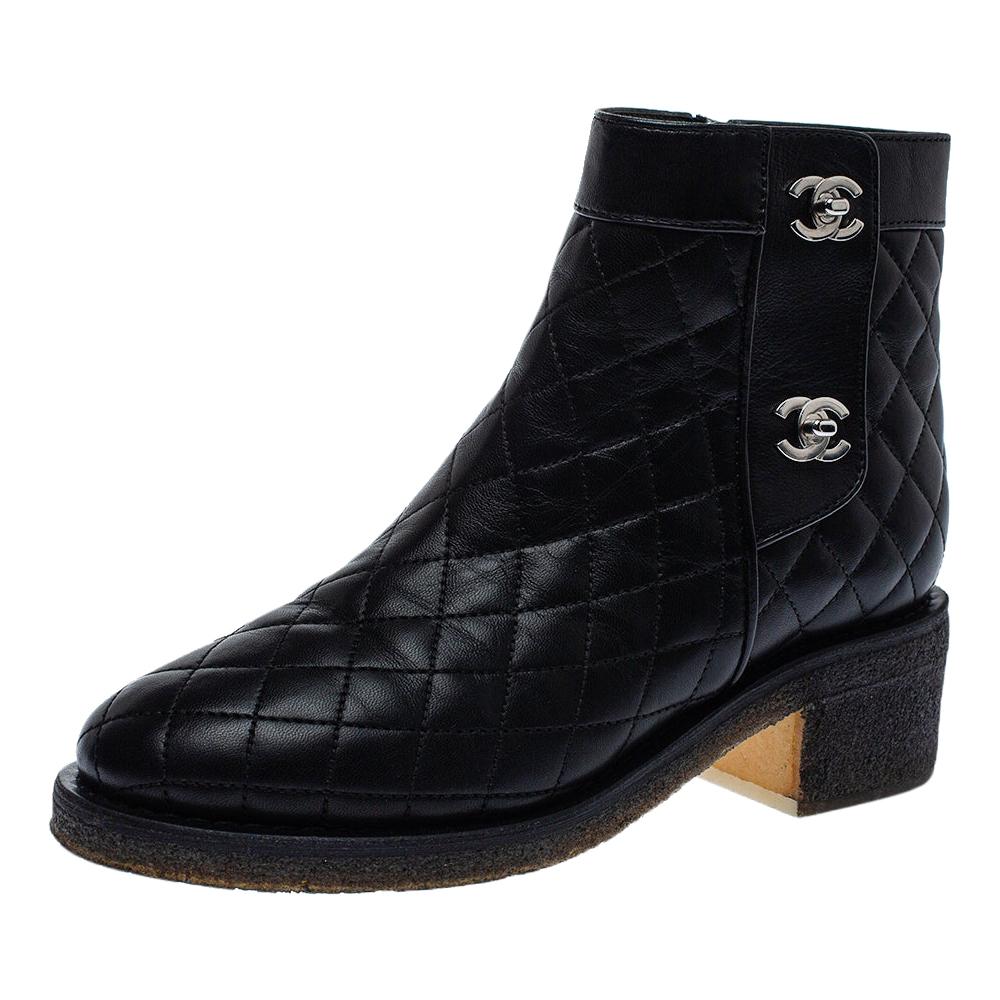 Chanel Black Quilted Leather CC Turnlock Ankle Boots Size 36