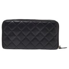 Used Chanel Black Quilted Leather CC Zip Around Wallet