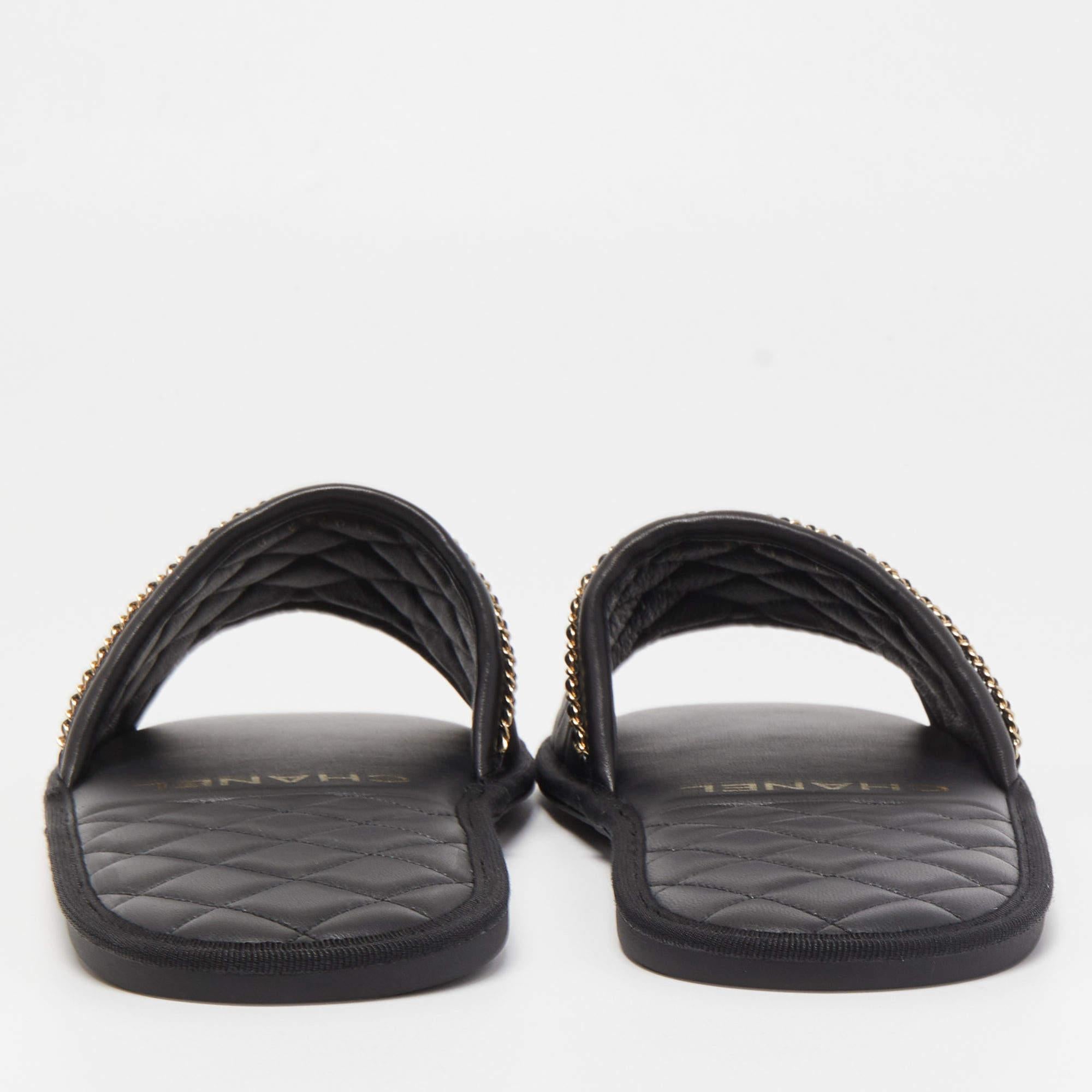 Women's Chanel Black Quilted Leather Chain Flat Slides 