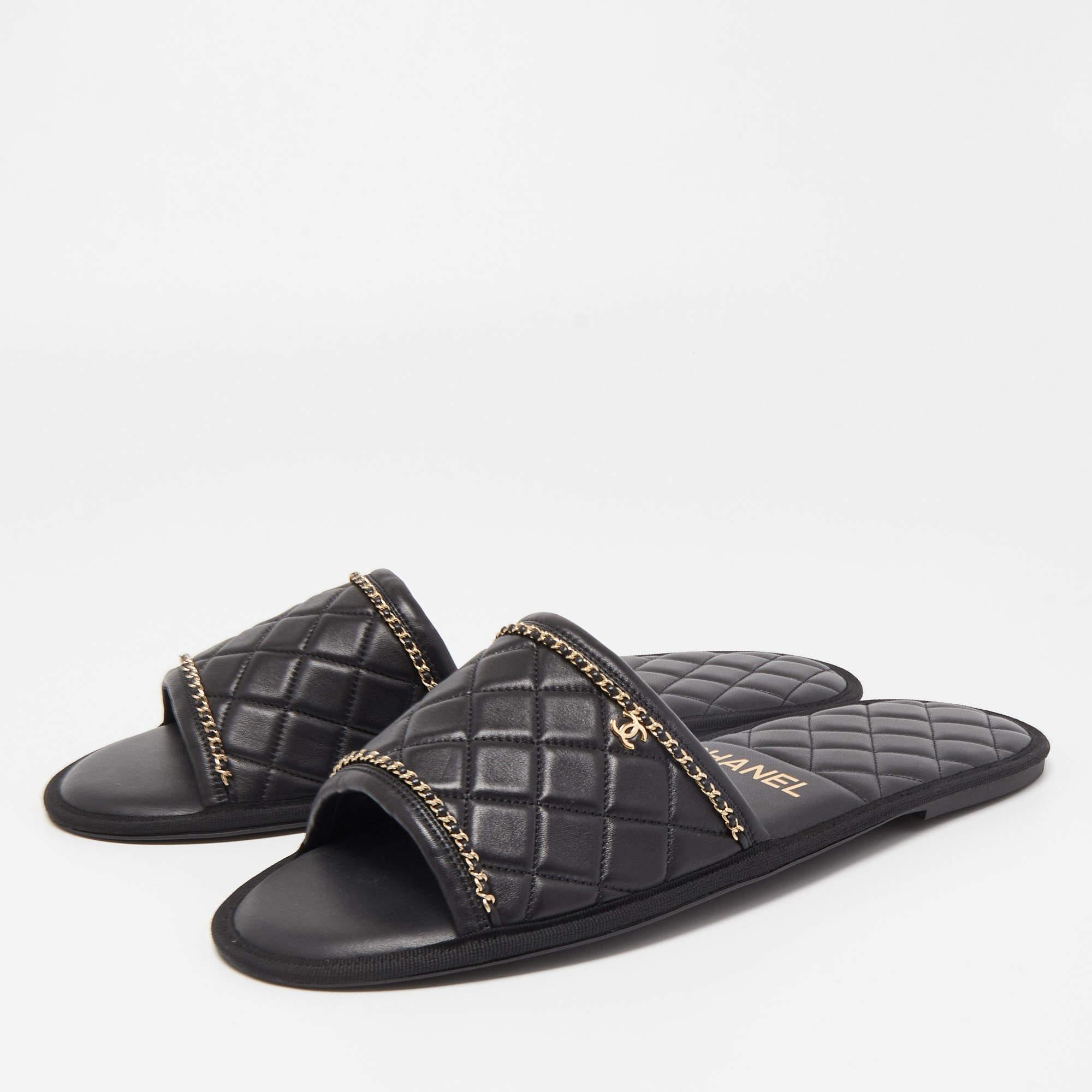 Chanel Black Quilted Leather Chain Flat Slides  2