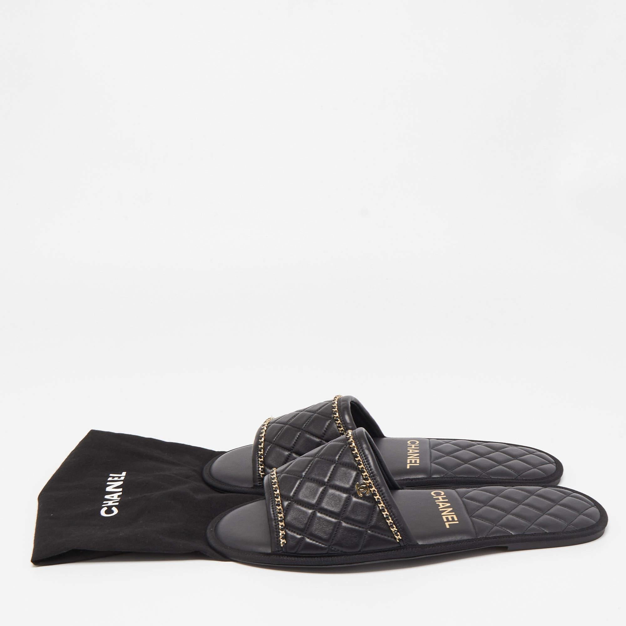 Chanel Black Quilted Leather Chain Flat Slides  4