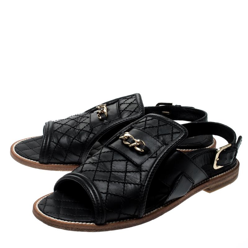 Women's Chanel Black Quilted Leather Chain Link Flat Sandals Size 35.5