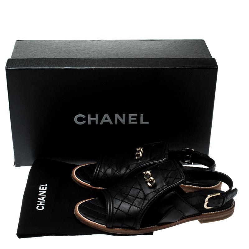 Chanel Black Quilted Leather Chain Link Flat Sandals Size 35.5 4