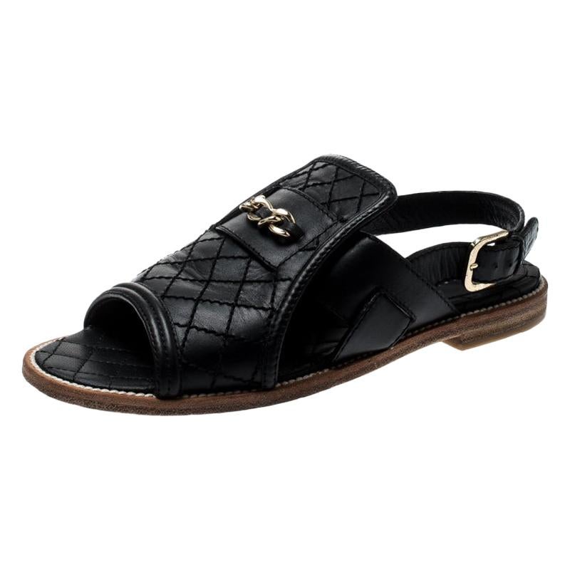 Chanel Black Quilted Leather Chain Link Flat Sandals Size 35.5