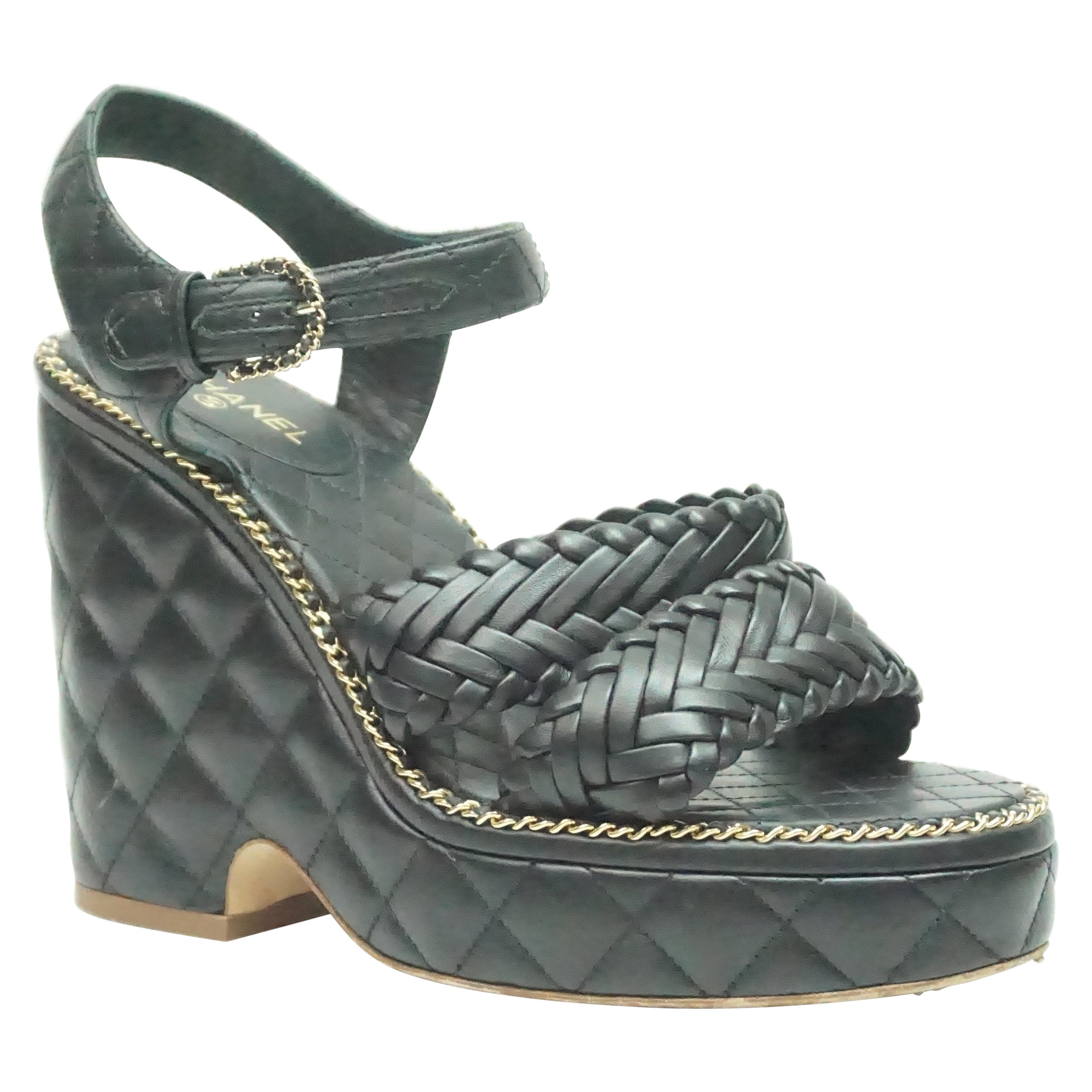 CHANEL BLACK Quilted Leather Chain Wedge-38
