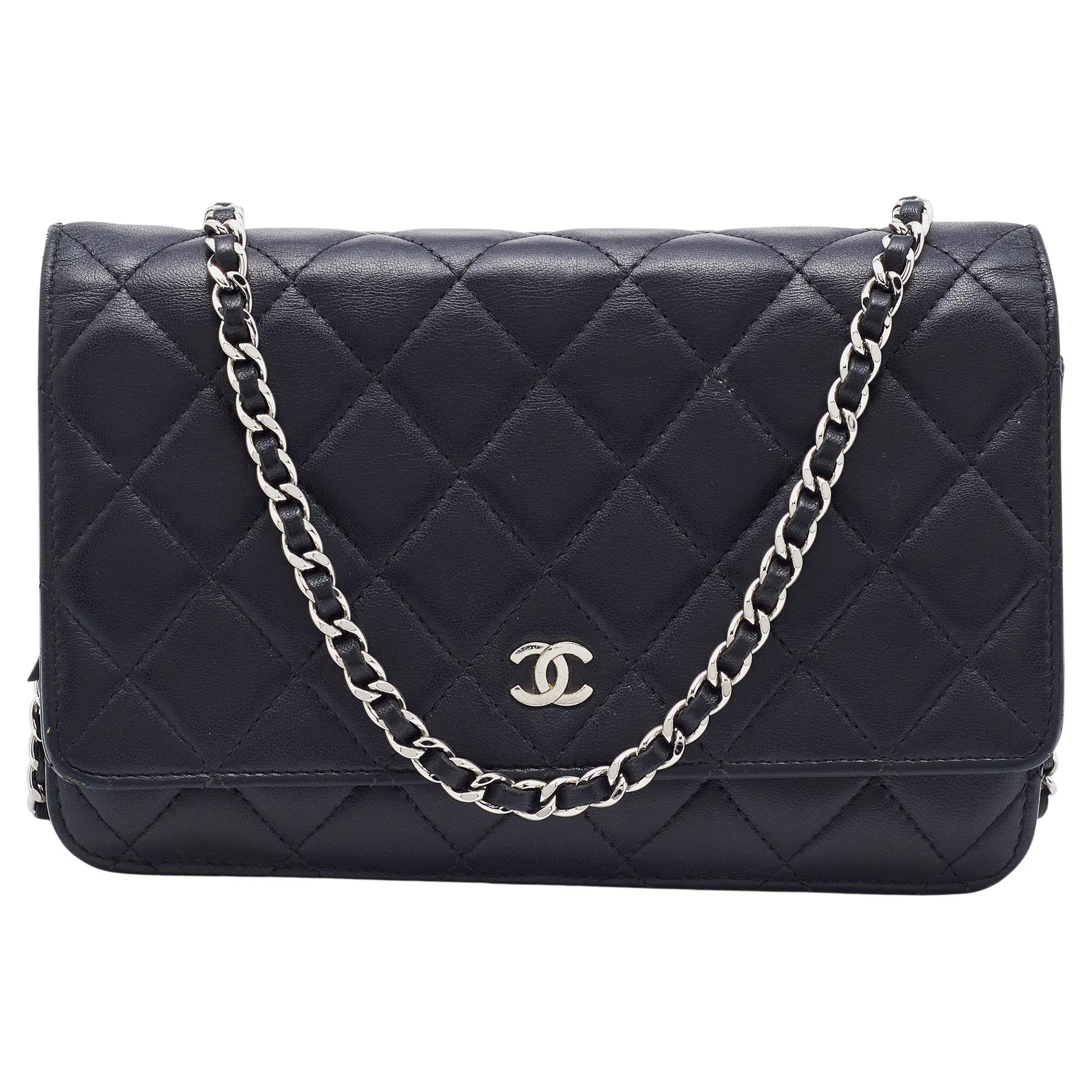 Chanel Black Quilted Leather Classic Wallet on Chain For Sale at