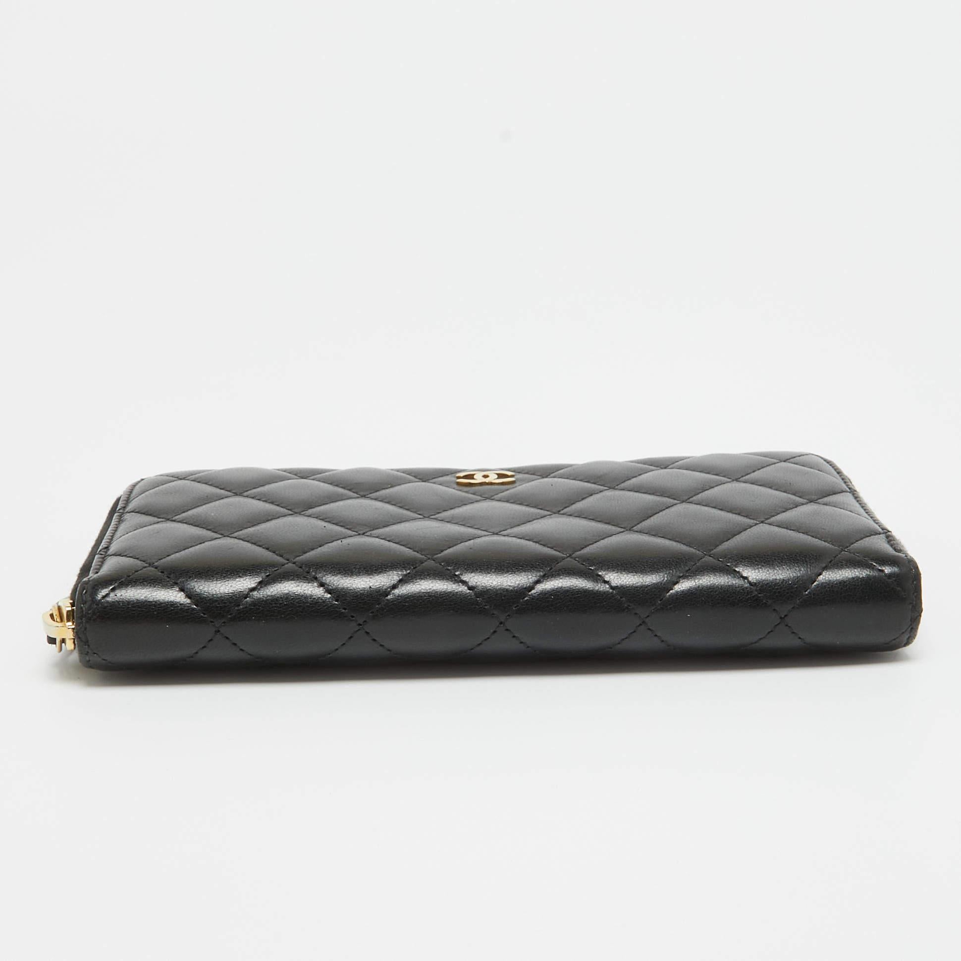 Chanel Black Quilted Leather Classic Zip Around Wallet For Sale 7