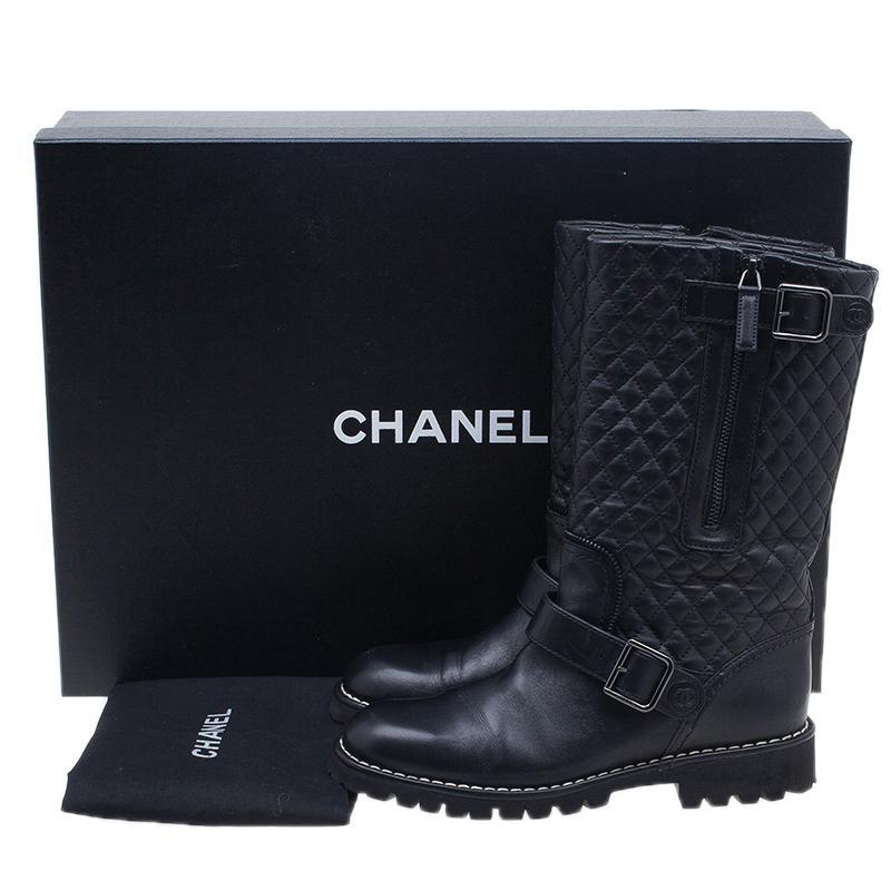 Chanel Black Quilted Leather Double Buckle Flat Boots Size 37.5 5