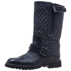 Chanel Black Quilted Leather Double Buckle Flat Boots Size 37.5