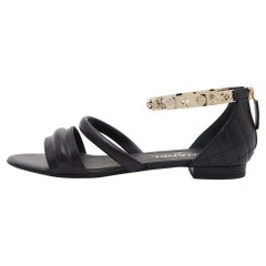 Chanel Black Quilted Leather Embellished Ankle Cuff Flat Sandals Size 38.5