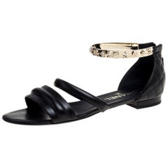 Chanel Black Quilted Leather Embellished Ankle Cuff Flat Sandals Size 39