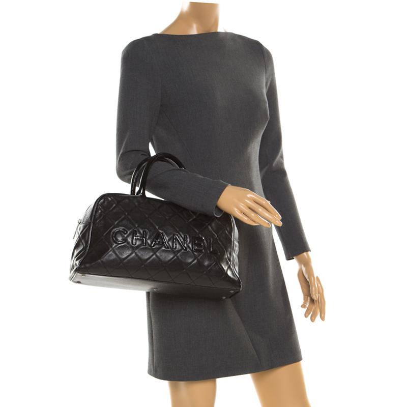 Chanel Black Quilted Leather Enamel Boston Bag In Good Condition In Dubai, Al Qouz 2