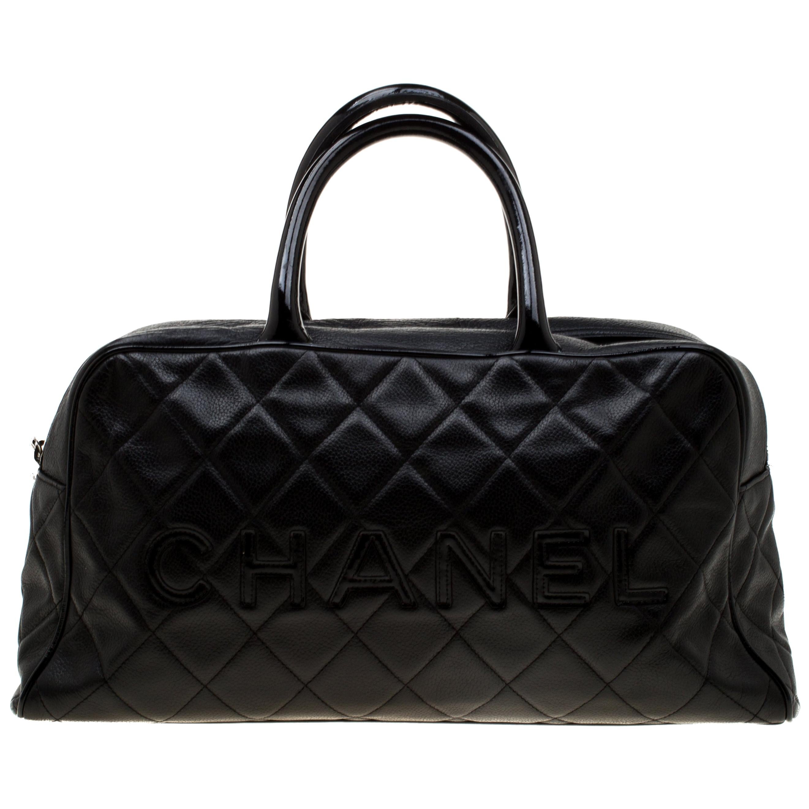 Chanel Black Quilted Leather Enamel Boston Bag
