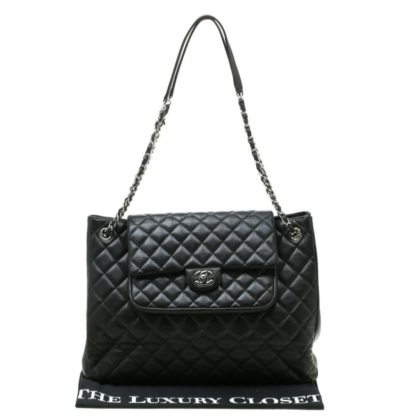 Chanel Black Quilted Leather Front Pocket Flap Tote 5