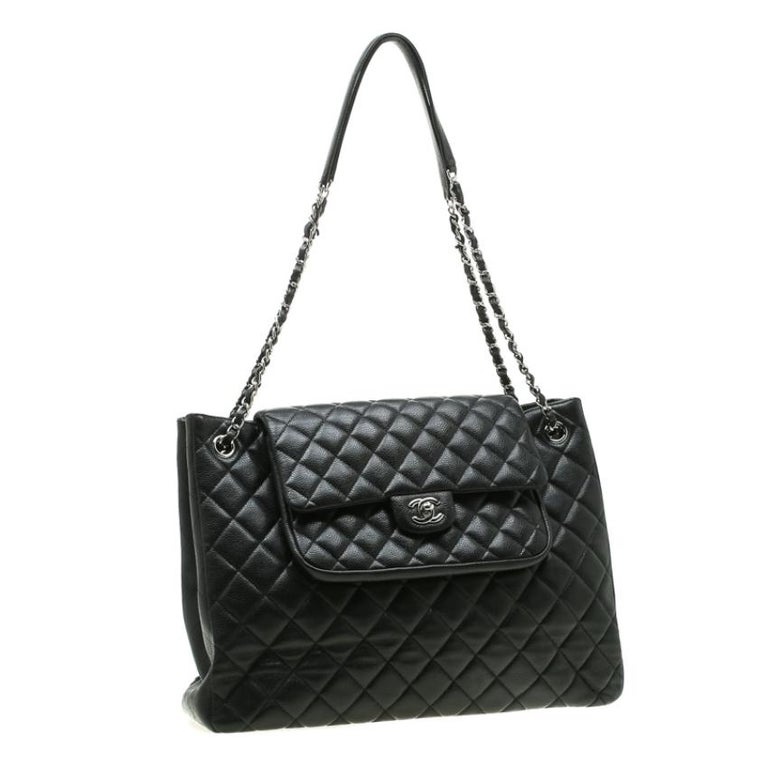 Chanel Black Quilted Leather Front Pocket Flap Tote at 1stDibs