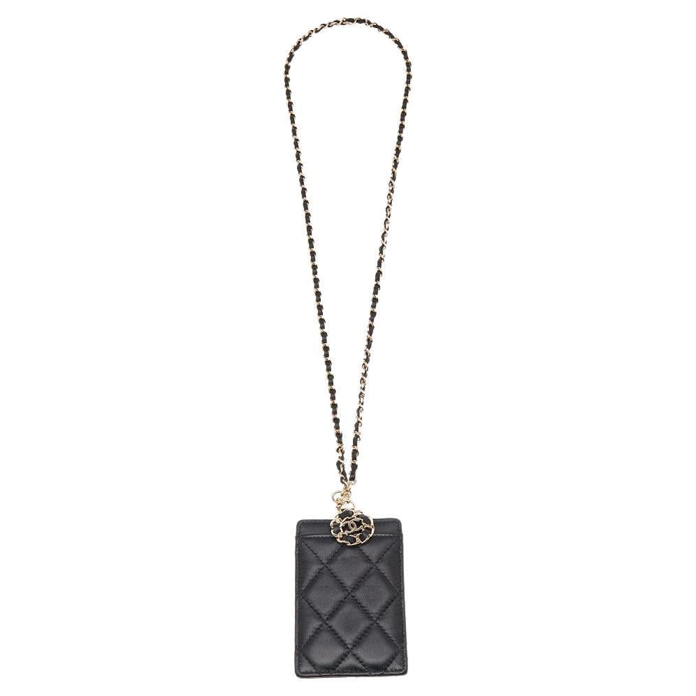 Chanel CC Lanyard ID Card Holder Quilted Caviar Black 807941