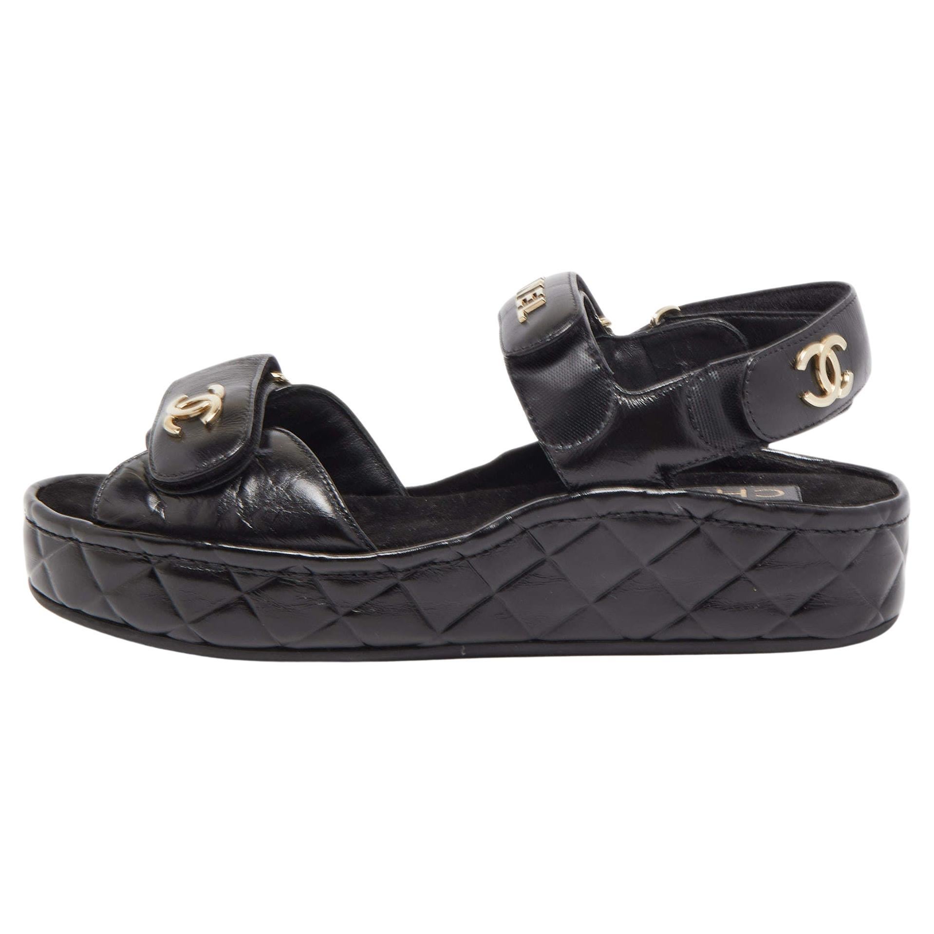 Chanel Black Quilted Leather Interlocking CC Logo Flat Sandals Size 36