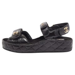 Chanel Black Quilted Leather Interlocking CC Logo Flat Sandals Size 36