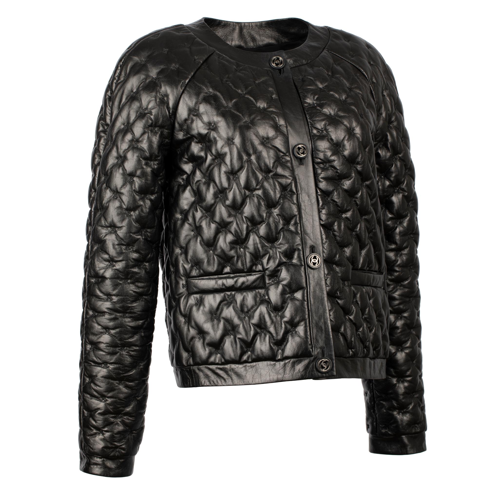 Chanel Black Quilted Leather Jacket

Brand:

Chanel

Product:

Quilted Leather Jacket

Size:

38 Fr

Colour:

Black

Material:

100 % Lambskin Leather

Product Code:

P46699C00220

Condition:

Preloved; Excellent

Details:

- Crew Neck Collar

-