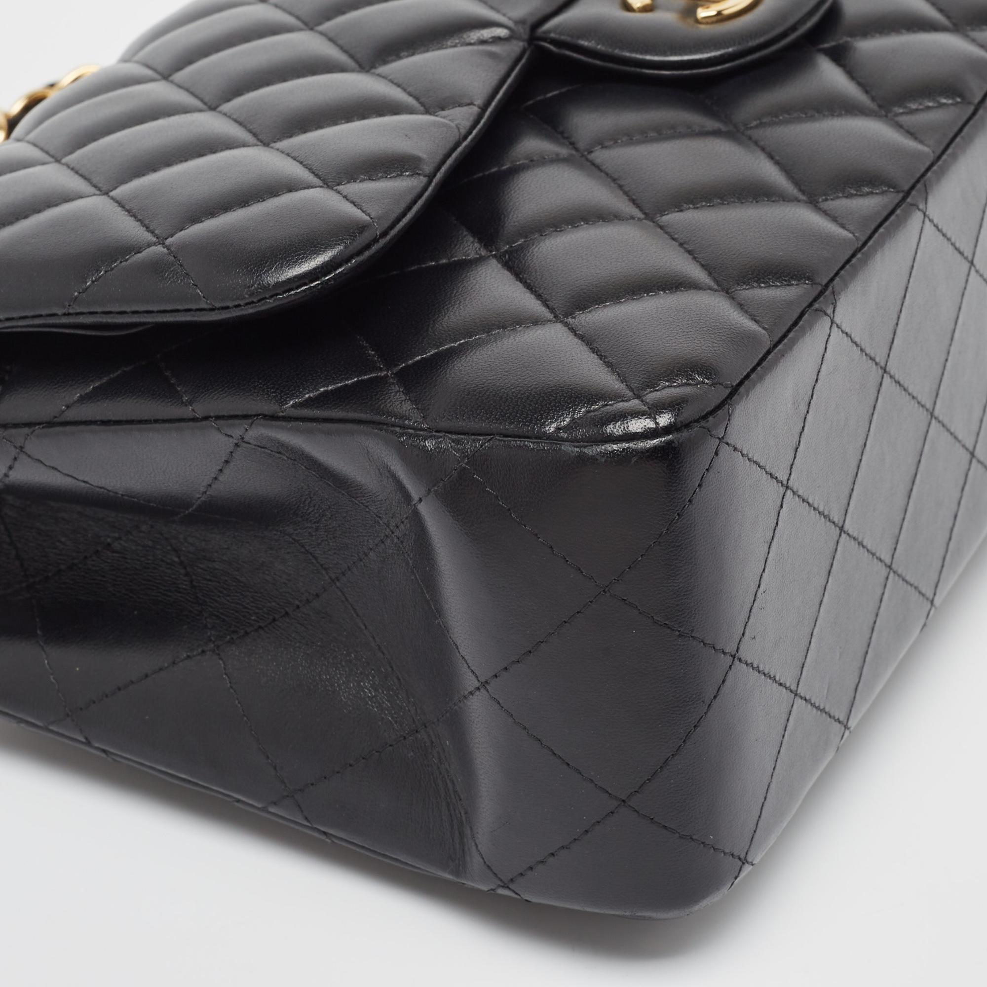 Chanel Black Quilted Leather Jumbo Classic Double Flap Bag For Sale 9