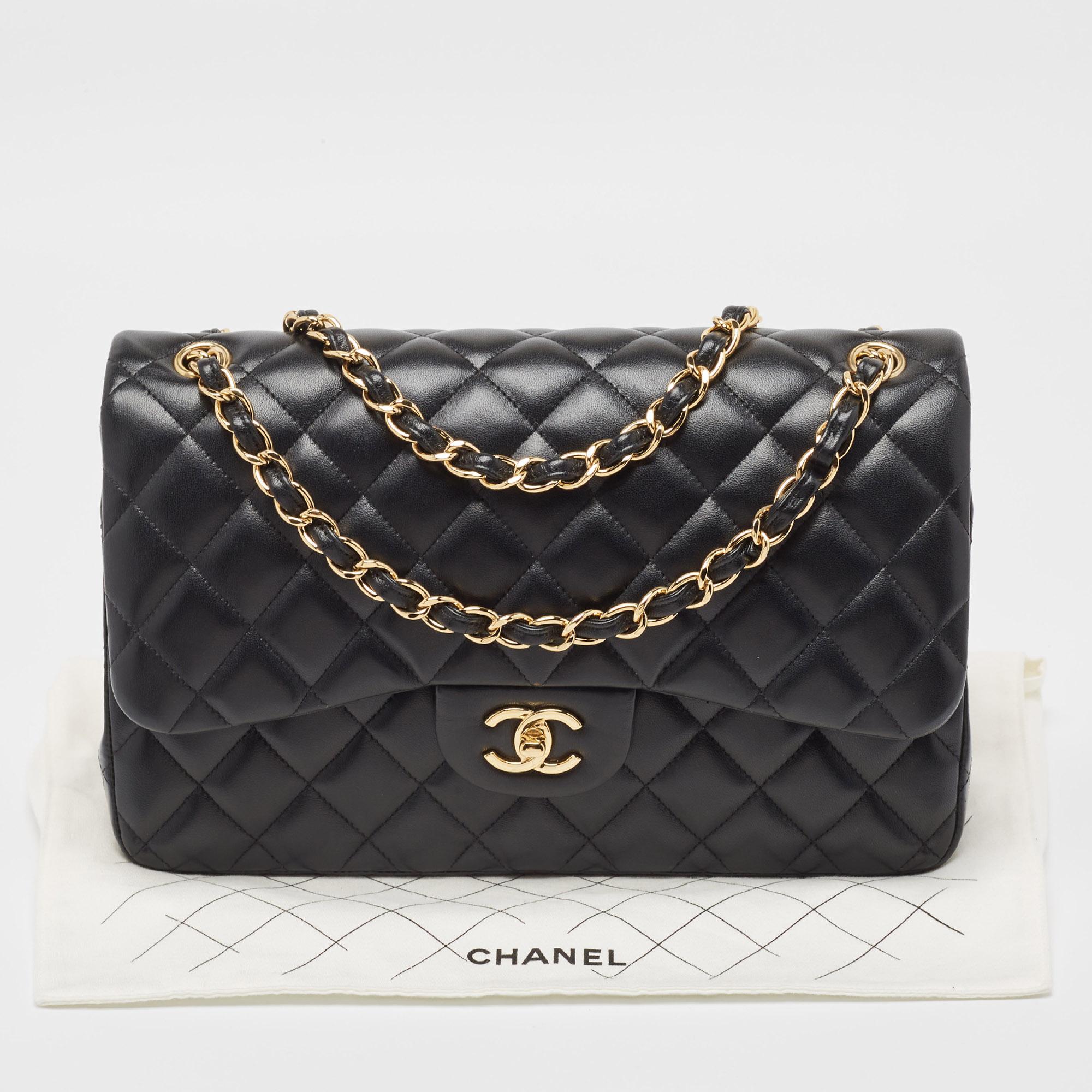 Chanel Black Quilted Leather Jumbo Classic Double Flap Bag For Sale 12